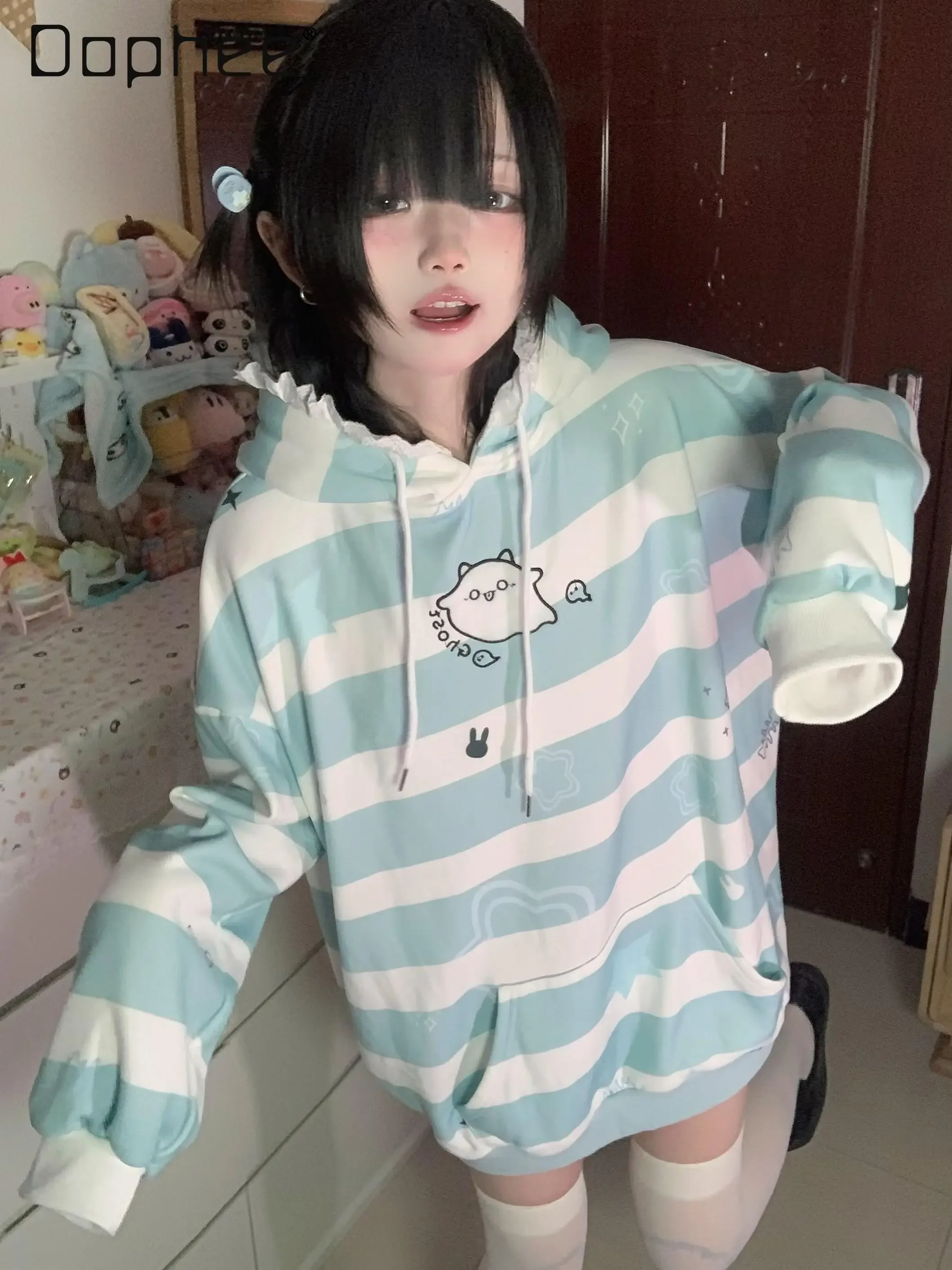 Sweats à capuche rayés japonais pour filles, pull à manches longues, vêtements décontractés, impression de dessin animé, dentelle Kawaii, PVD, Y2K, Harajuku