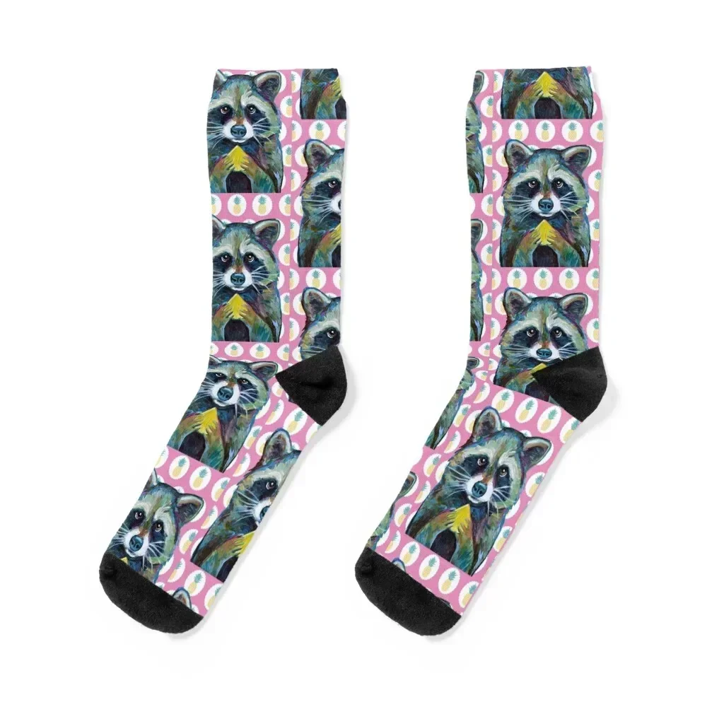 

Cute RACCOON with Pineapple Pink Background Socks warm winter professional running designer winter Socks Men Women's