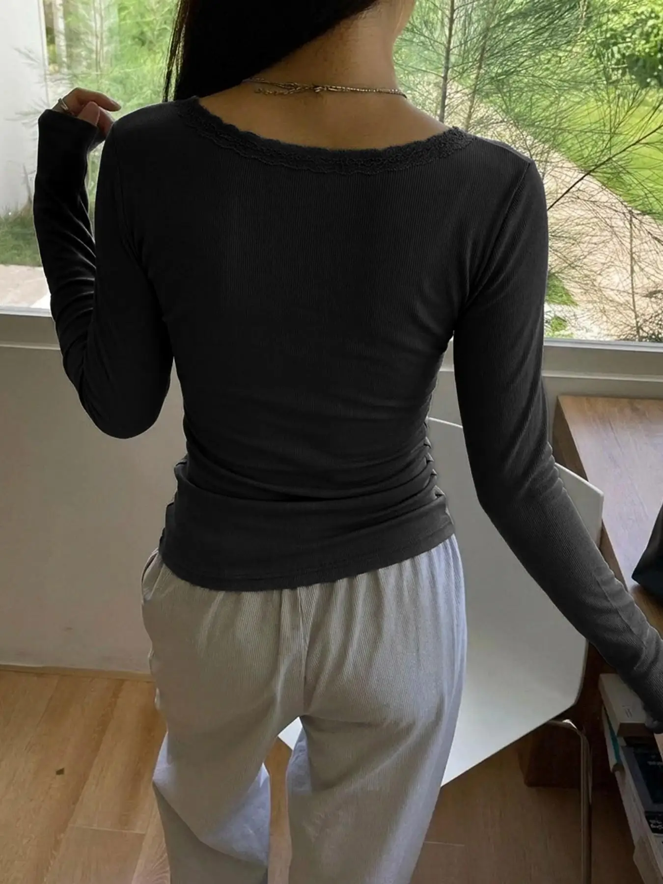 Slim Fit Long Sleeve V-Neck Top Elegant Waist-Cinched Pleated Design Casual Versatile Workwear Street Style Daily Basic Layering