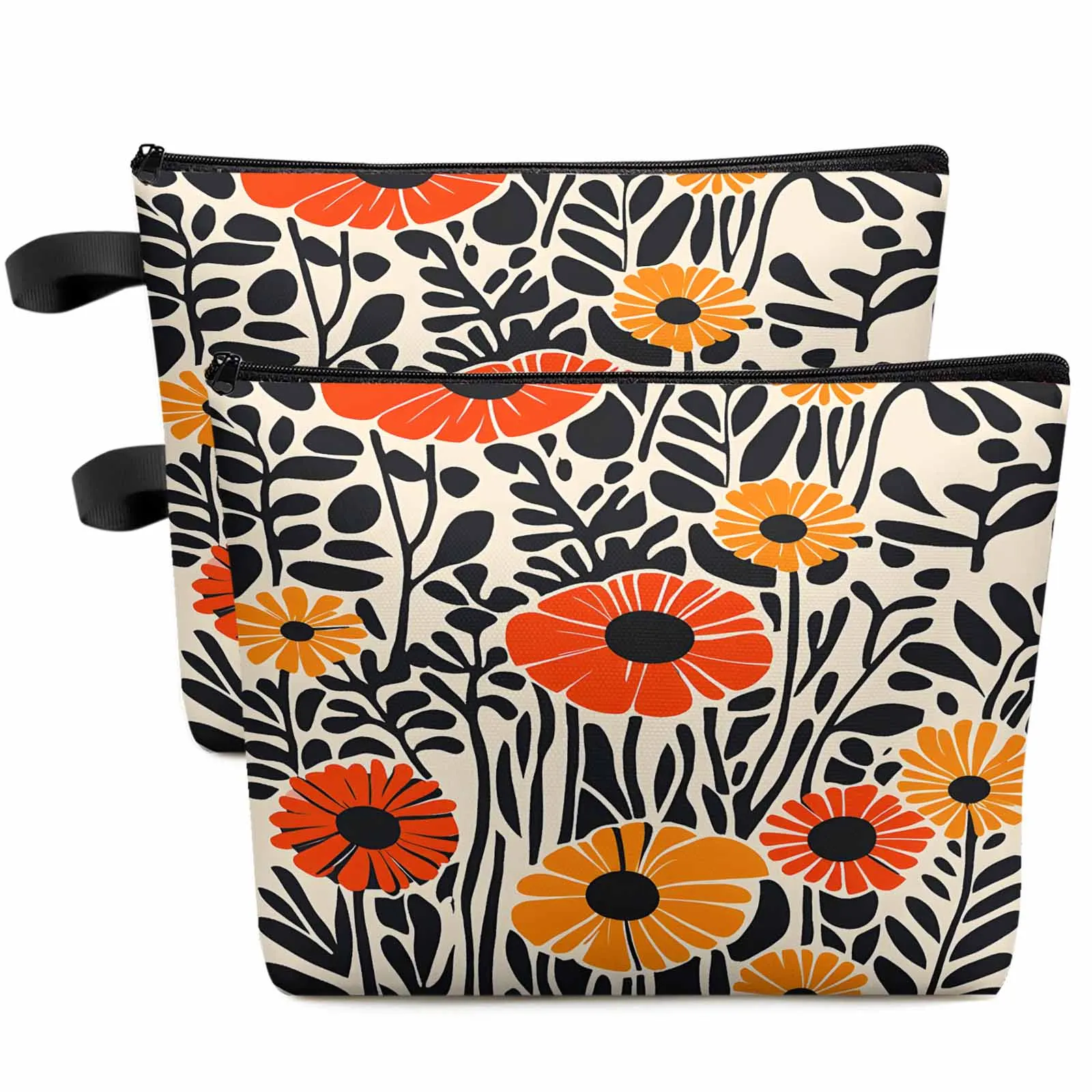 

Abstract Black Orange Flower Large Capacity Travel Cosmetic Bag Portable Makeup Storage Pouch Women Waterproof Pencil Case