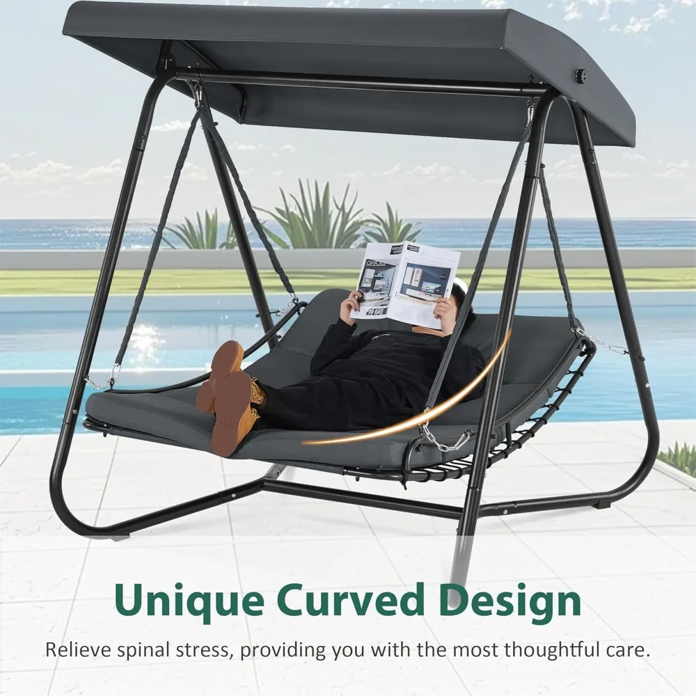 

Macrout 2-Seat Hammock Swing Chair with Recliner, Outdoor Lounge Chair with Adjustable Canopy, Beach Chairs for Adults with Thic