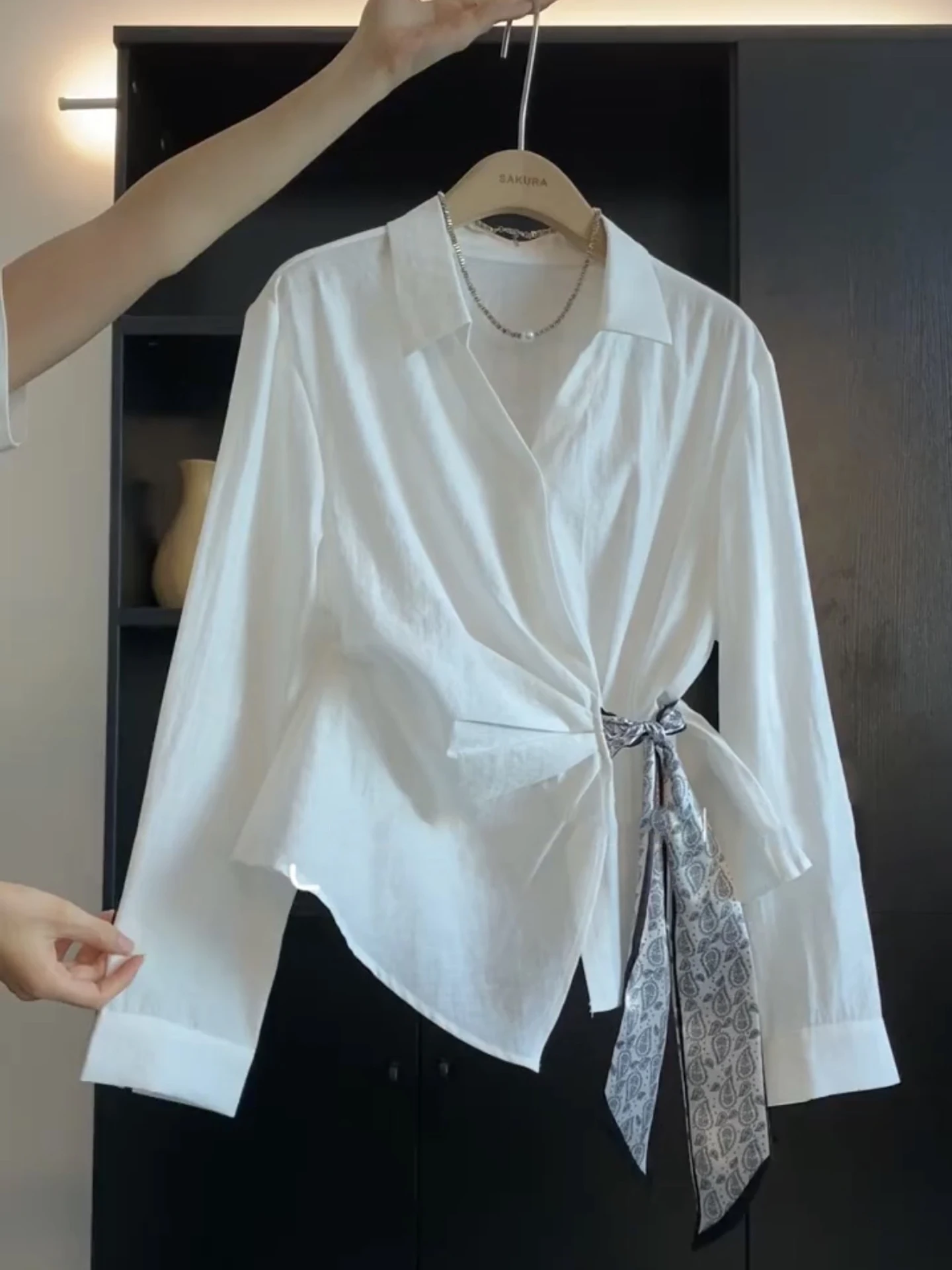 

White Wrap Belted Shirt Women's Early Spring Professional Interview Commute Casual Long Sleeve Collar Regular Fit Shirt
