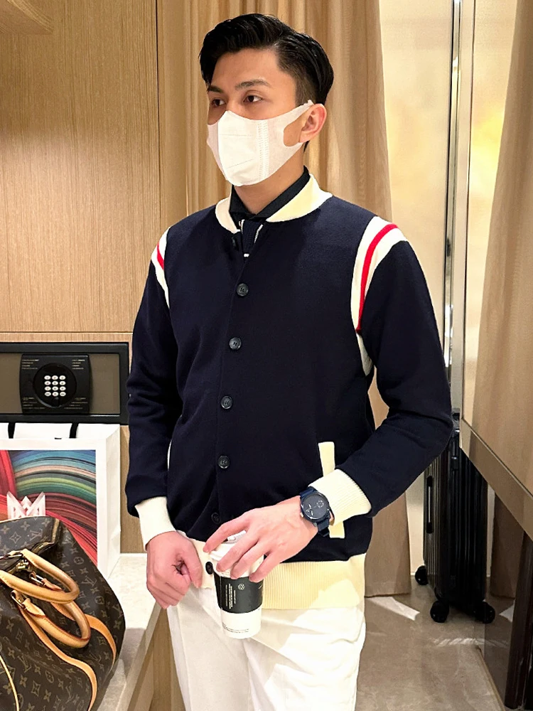 

Faion Patchwork Slim Fit Cardigan Sweater Men's Autumn Winter Busin Retro Baseball Collar Knitted Outerwear