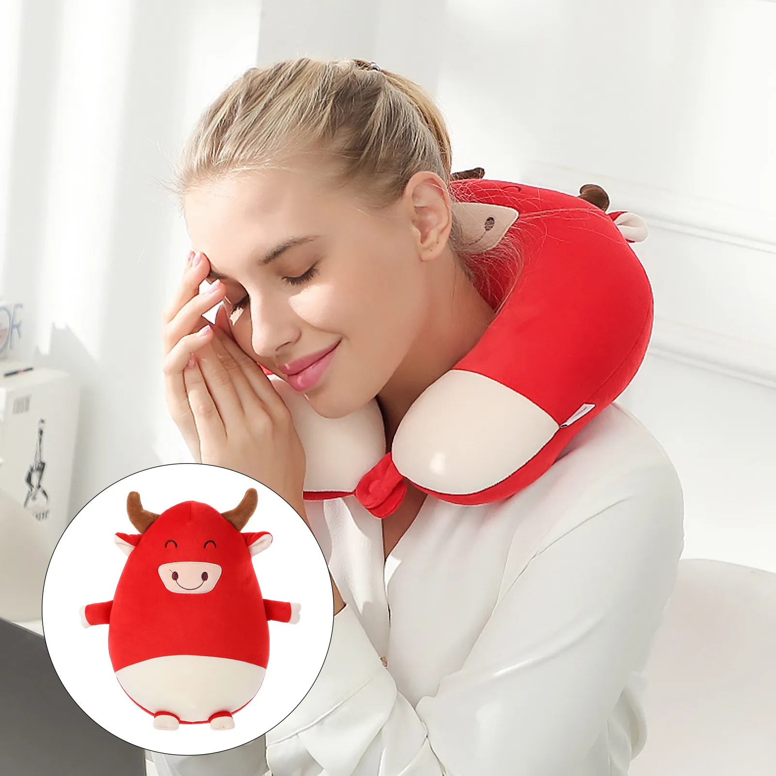 

1Pcs Cartoon Ox Year U Shaped Pillow Soft Neck Support Travel Cushion Comfortable Deformation Pillow for Long Trips and Office