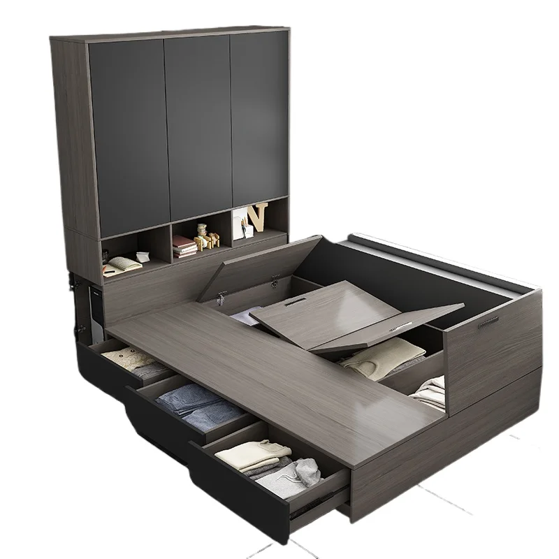 Children's tatami bed wardrobe integrated small apartment with desk tatami secondary bedroom space saving solid wood storage