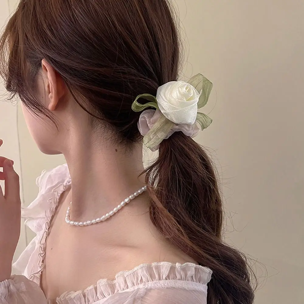 Banda para el cabello de malla para mujer, lazos para el cabello, anillo Simple para el cabello, cuerda para el cabello de estilo coreano, soporte para Cola de Caballo de flores rosas