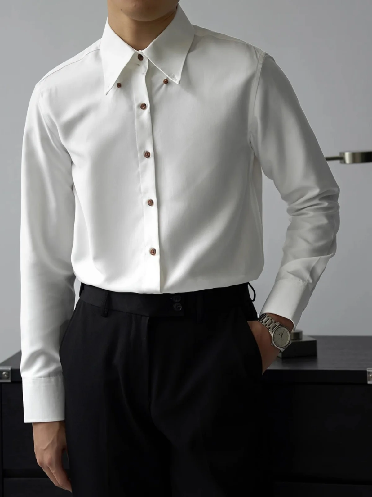 

Итальянская мужская рубашка с большим воротником, длинным рукавом, приталенного кроя, из замши, для повседневного и делового стиля, весна-осень