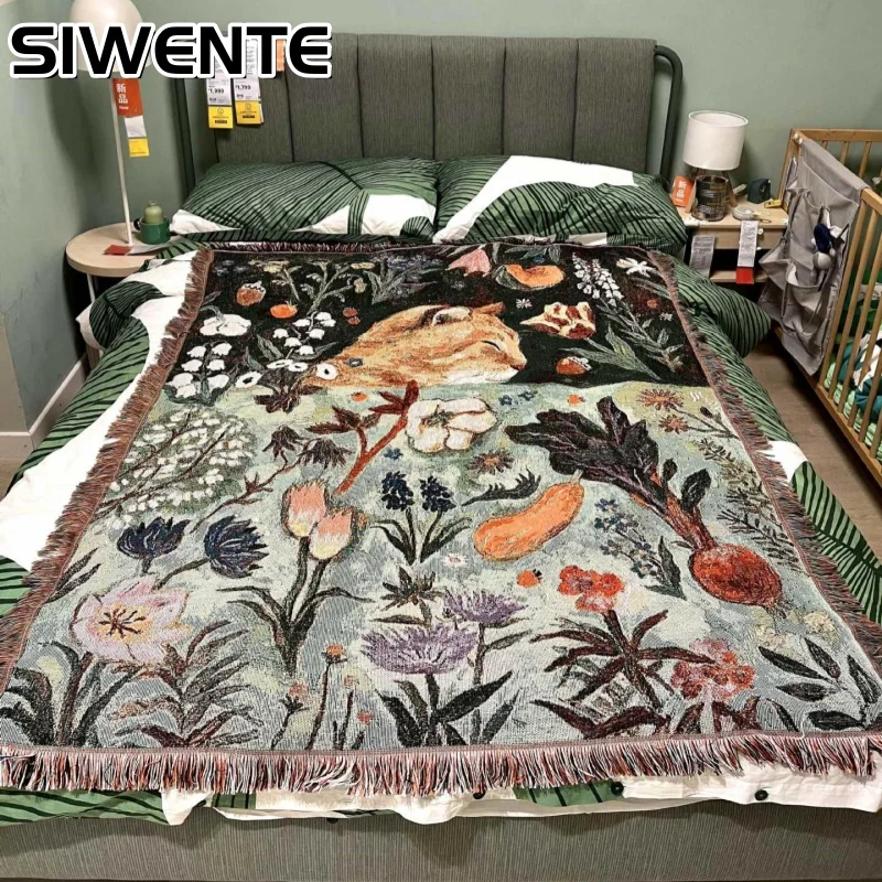 

Retro Outdoor Camping Picnic Mat Cartoon Cute Dog Knitted Sofa Cover Office Nap Blanket Decorative Hanging Tapestry with Tassel