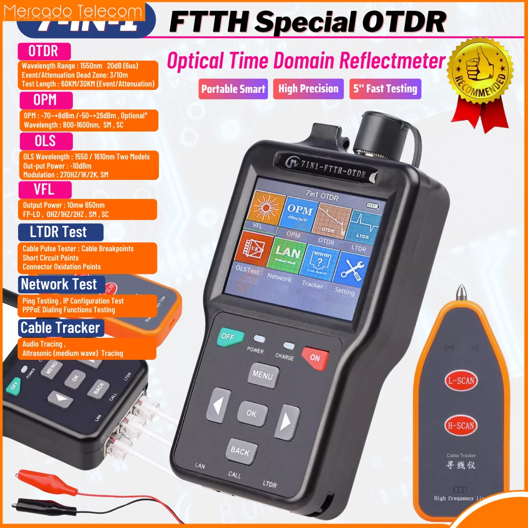 

7-IN-1 Pro OTDR Fiber Optic Reflectometer 7 Functions VFL OLS OPM Event Map 60KM Fiber Cable Ethernet Tester