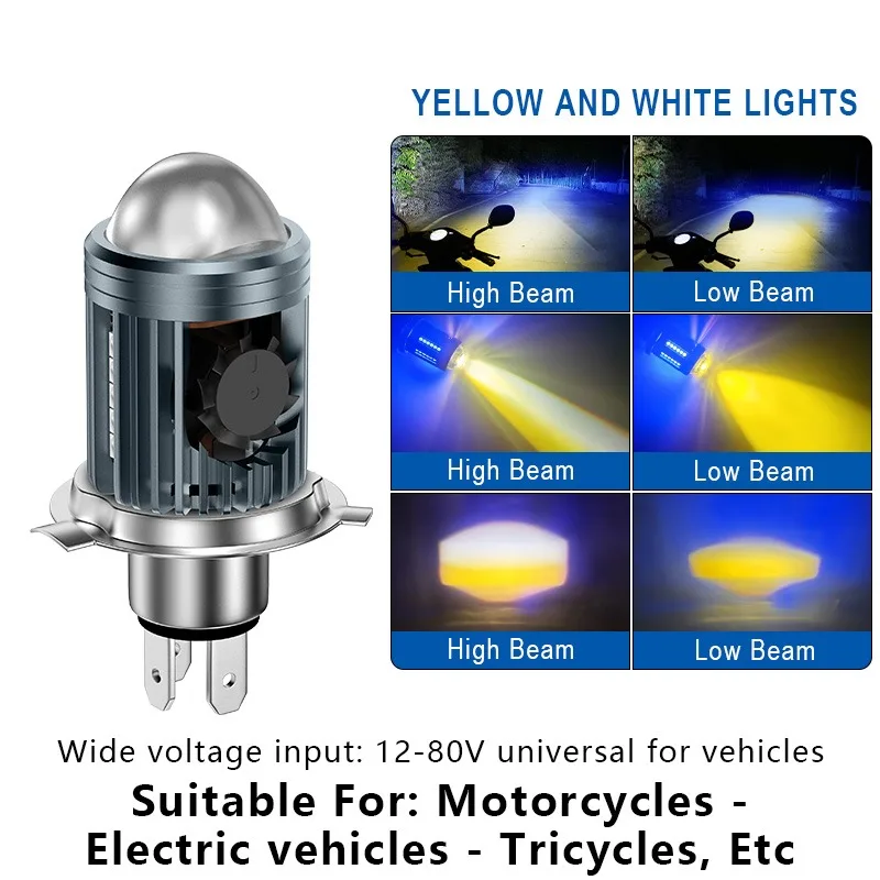 1PCS Motorcycle LED Headlight Bulb H4 H6 Projector Lens High Low Beam Dual Color 12-80V 24W IP67 Waterproof Motorbike Headlamp