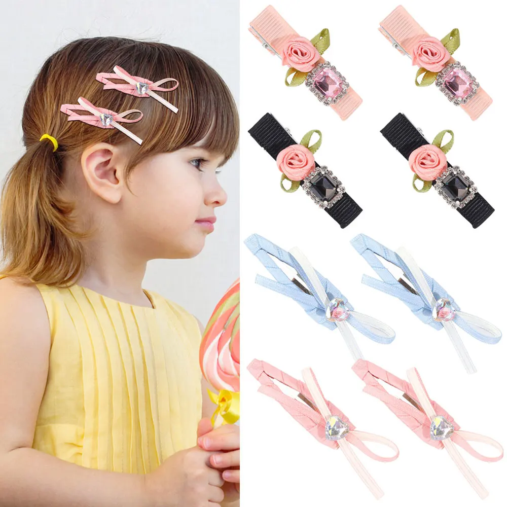 2Pcs Pink Bow BB Hair Clips For Girls Sweet Princess Rhinestone Hairpin Simple Snap Barrette Children Flower Y2K Styling Tool