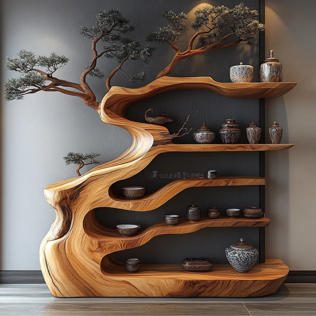 Dingsheng luxury wabi-sabi style solid wood log color living room floor-to-ceiling storage shelf display cabinet bookshelf Bogu