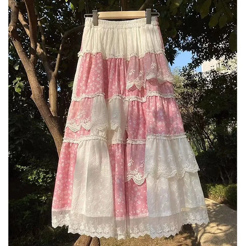 

Женские кружевные платья с цветочным принтом, весна-лето 2022, милые Y2K, с высокой талией, эластичной резинкой на талии, кружевная академическая пышная юбка, новинка