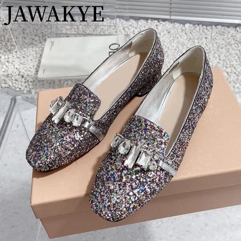 

JAWAKYE Sequin Women's Loafers Round toe Dress Shoes for Women Summer Ladies Mary Jane Bling Shoes Chunky Heels Mules mujer