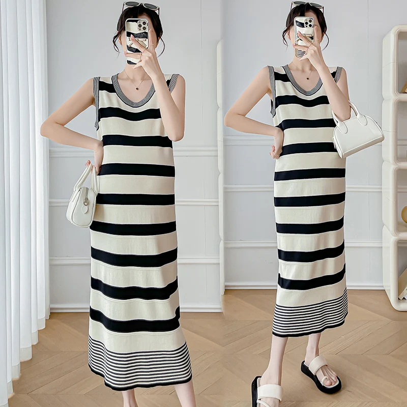 

2024 Summer Maternity Striped Sundress Block Color Sleeveless Pregnant Woman Tank Dress Stretched Pregnancy Knitting Dresses