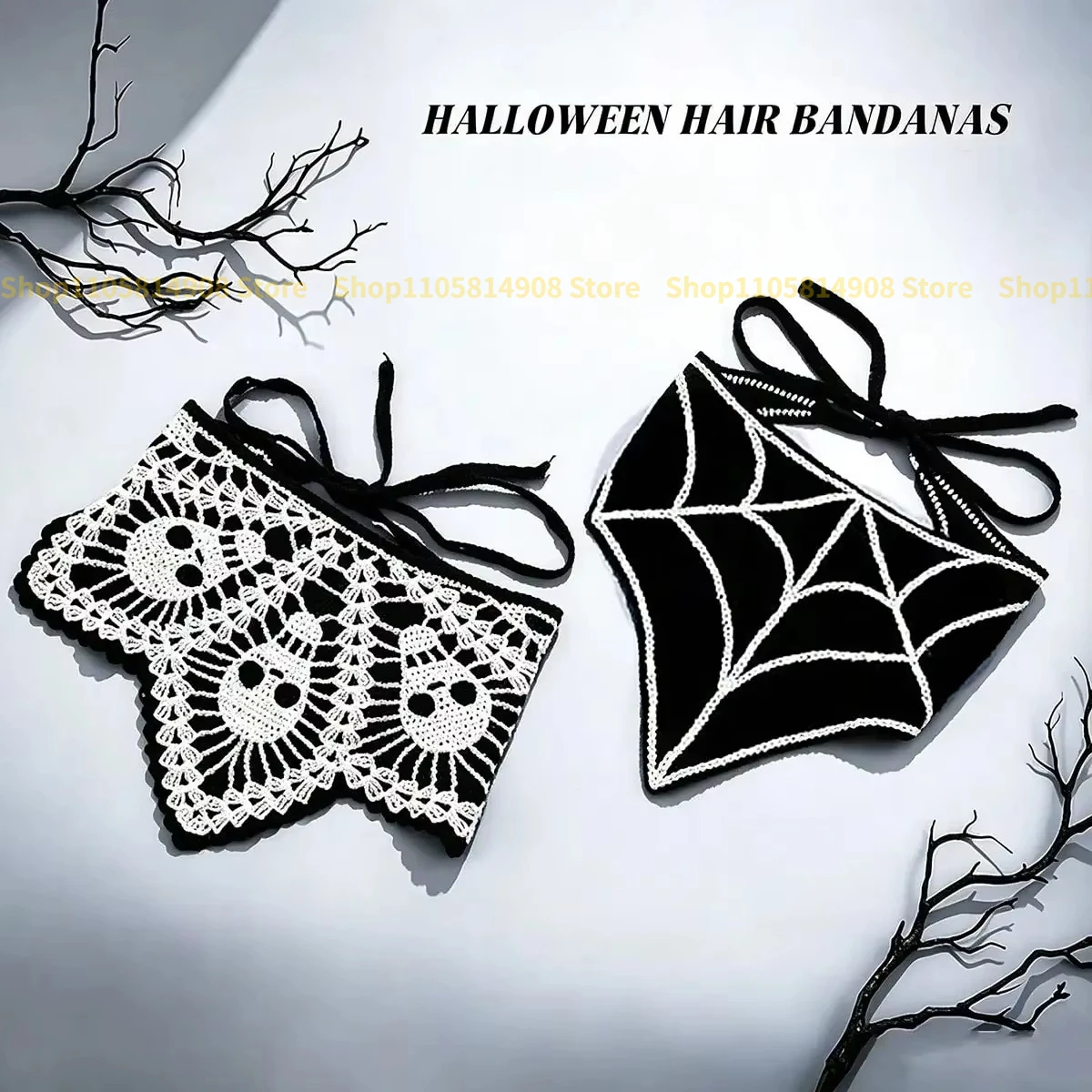 Gothic Crochet Skull Triangle Headscarf, Handmade Cotton Lace Bandana, Halloween Vintage Decorative Hair Accessory for Ladies