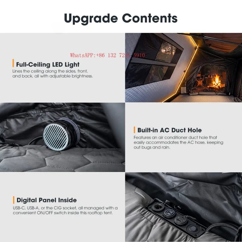 Hongsheng Products / Factory Direct Ultra Slimline Rooftop Tent 66kg 11.5cm Side Opening USB Charging LED Light for SUV  Camping