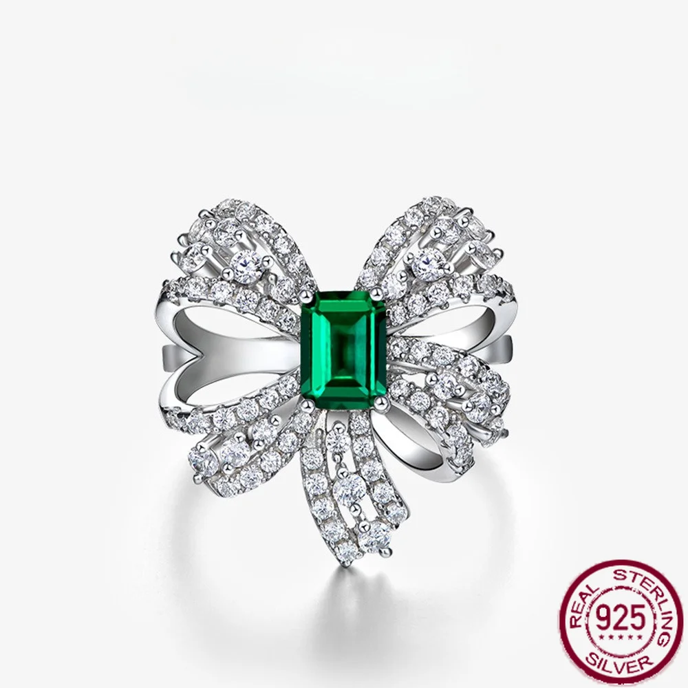 

New S925 silver bow ring rectangular 5 * 7 cultivated emerald luxury surround set with diamond silver ring engagement jewelry