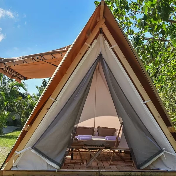 Double Layer Glamping Tent With A-shaped Canvas Roof Round Wood Skeleton For Outdoor Campsite Living Bed Triangle For Camping