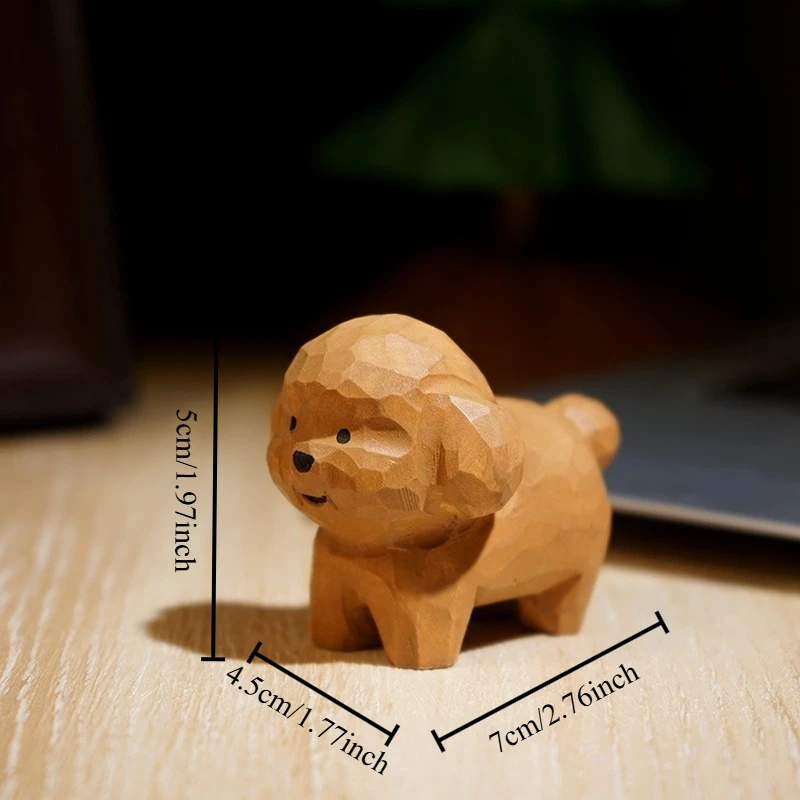 1PC Teddy Dog Hand Carved Wood Statue Puppy Figurines Creative Office Desk Decor Lovely Animal Miniatures Unique Gift for Friend