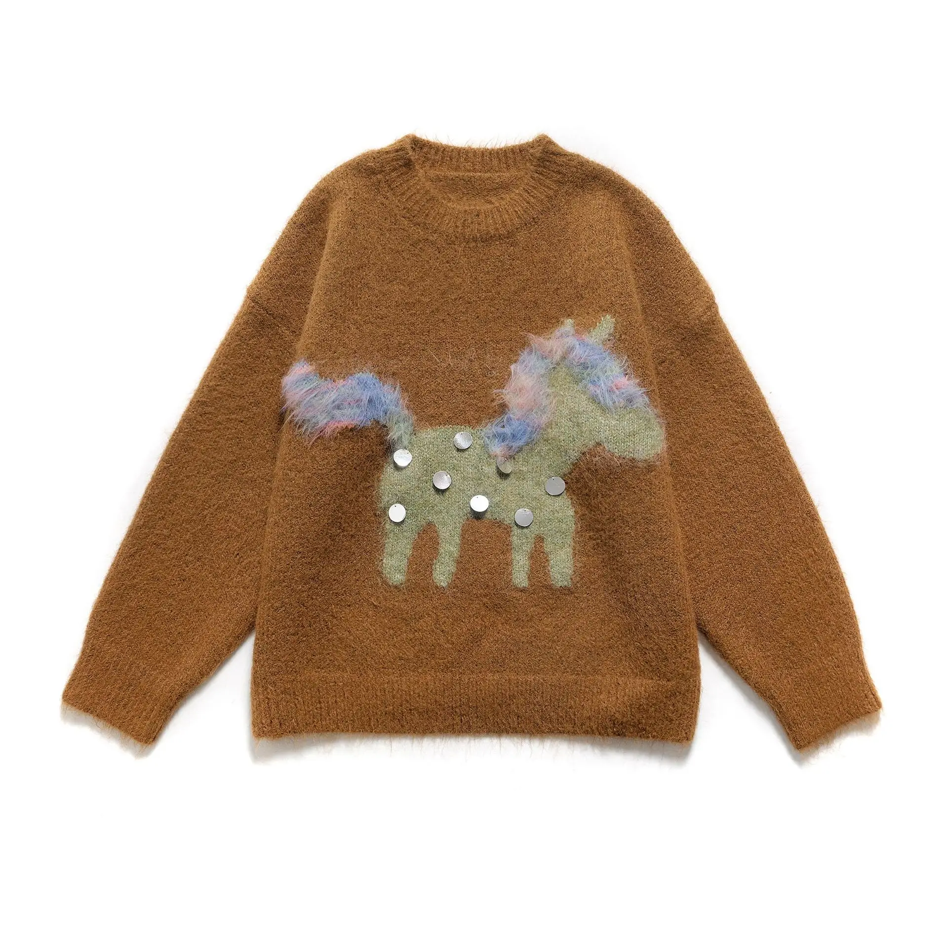 

Cozy Brown Knit Sweater For Women Crew Neck Adorable Unicorn Soft Fluffy Fabric Casual Sweet Girl Style Long Sleeve Sweater AOQA
