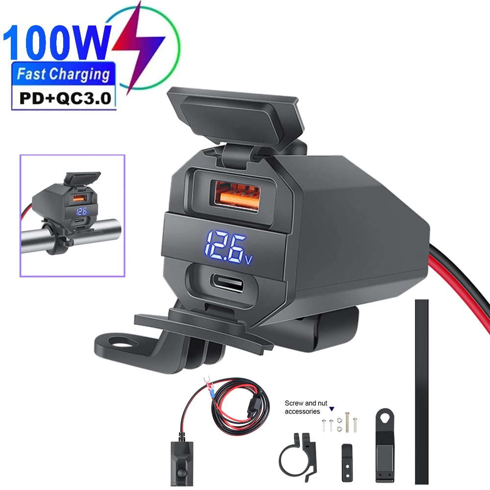 100W Motorcycle Vehicle-Mounted Charger Waterproof Adapter 12V Phone USB PD Ports Quick Charge 3.0 With Voltmeter Moto Accessory