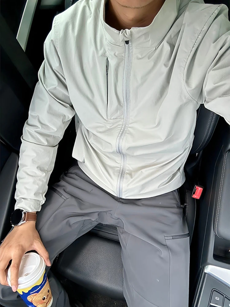 

American Sle Ice Silk Men's Summer Lightweight Breathable Stand Collar Qui Dry Sport Jaet UV Protection Skin Friendly C...