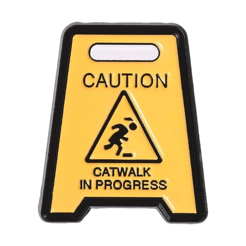 U4LF Fun Yellow Warning Sign Brooch Pin Alloy Catwalk In Progress Corsage Pin For Shirt Bag Hat Casual Outfit