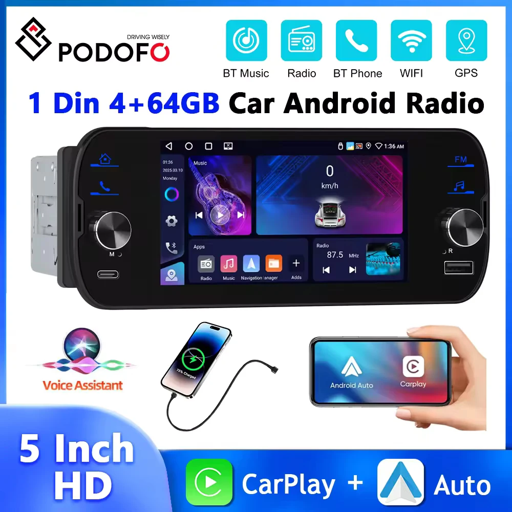 Podofo 4+64G 1Din Android Car Stereo 5'' Multimedia Player WIFI EQ Carplay Android Auto Bluetooth GPS Navigation RDS Car Audio