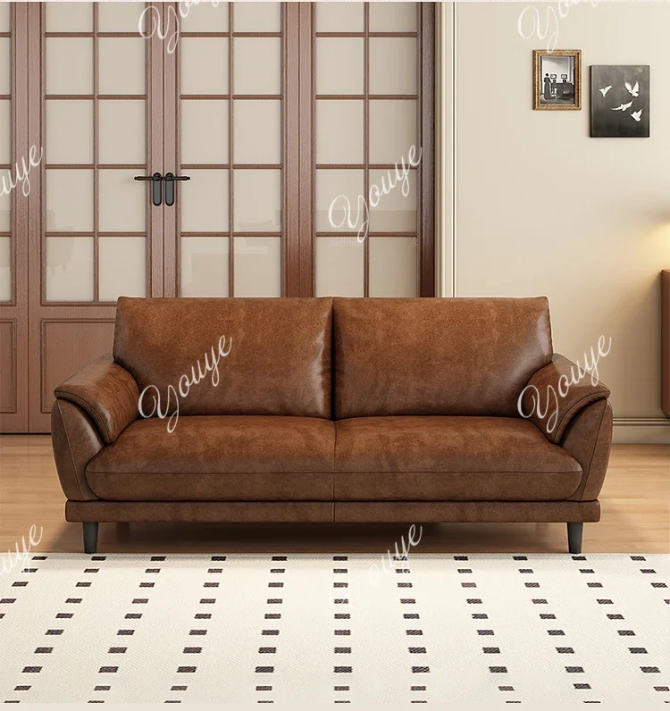 

J Double Small Apartment Oil Wax Leather Sofa Living Room New Retro Style Three Cowhide Sofa Straight Row