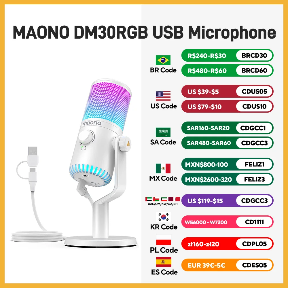 Maono DM30 RGB USB Microphone RGB Gaming Microphone Computer Mic USB Gaming Mic with Mic Gain and RGB Lighting for PC,Phone