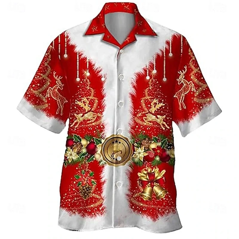 Full Print Men's Christmas Hawaii Shirts New In Short Sleeve Santa Claus Graphic Vacation Shirts Tops Mens Button Up Blouse