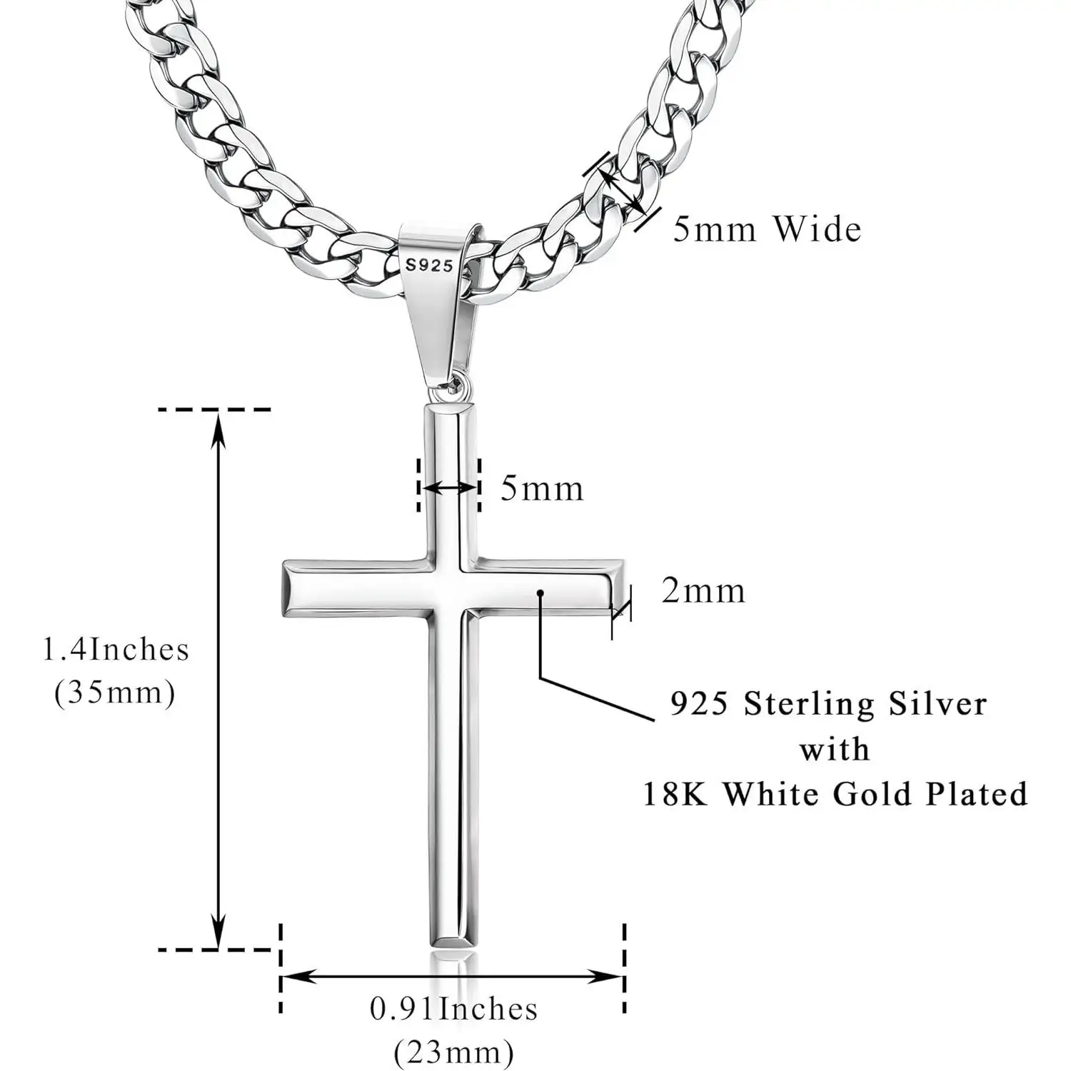 Fansilver สร้อยคอกางเขน S925เงินสเตอร์ลิงสำหรับผู้ชายผู้หญิง5มม. สแตนเลสสตีลทนทานเครื่องประดับสร้อยคอจี้กางเขนคิวบา