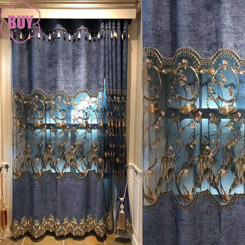 New Chinese Landscape Painting Blue Embroidery Window Screen Thickened Hollow Chenille Curtains for Living Room Bedroom French