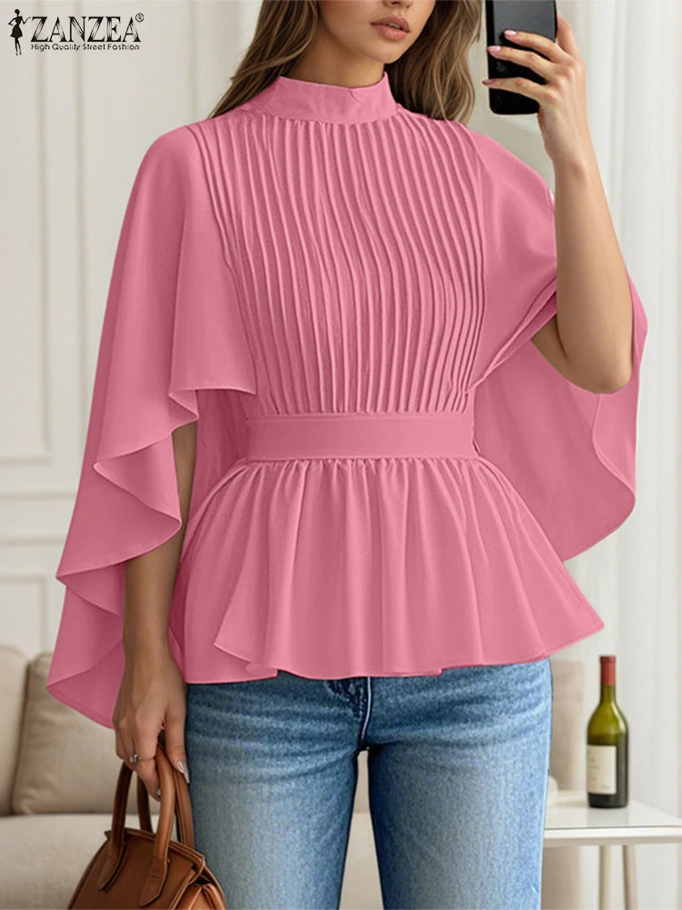 ZANZEA Fashion Blouse Women 3/4 Sleeve Ruffled Tops 2025 Autumn Stand Collar Pleated Elegant Office Lady Shirts Korean Solid Top