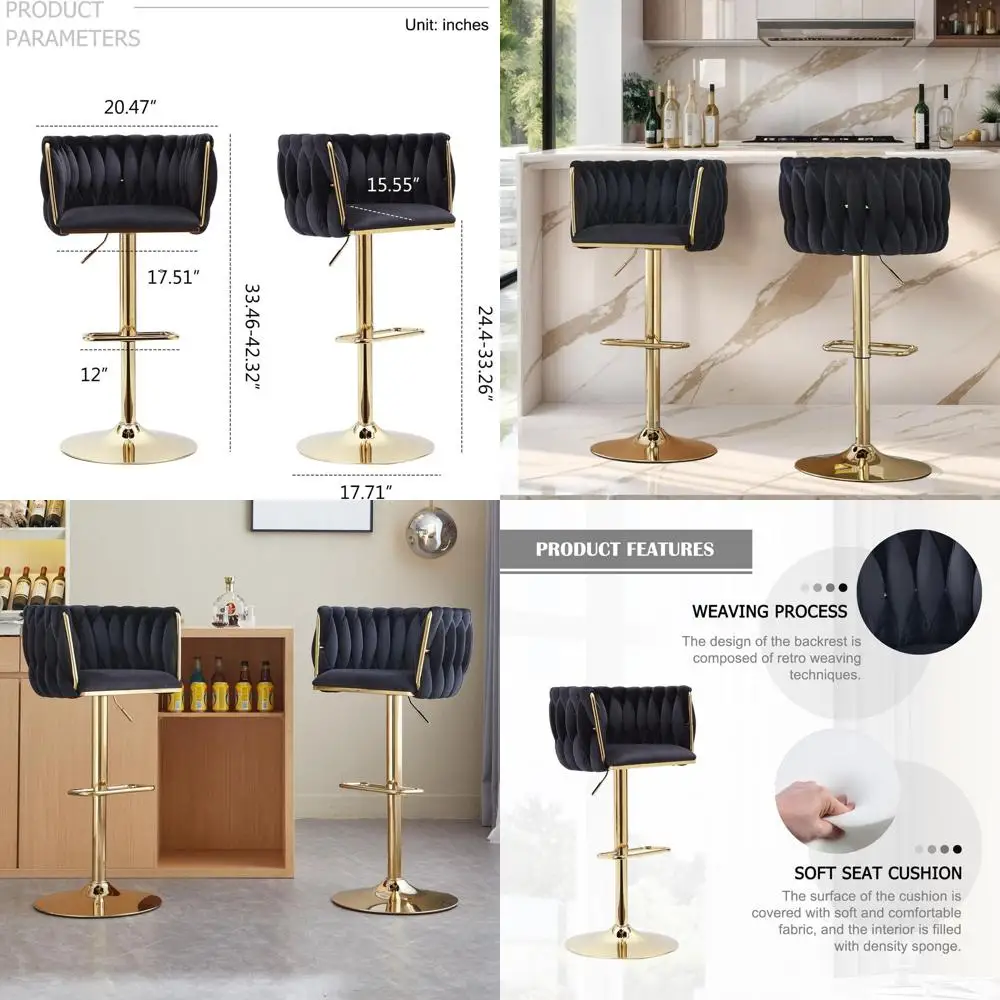 

Elegant Velvet Bar Stools Set of 2 - Adjustable Swivel Counter Height Chairs with Woven Backrest, Gold Metal Legs