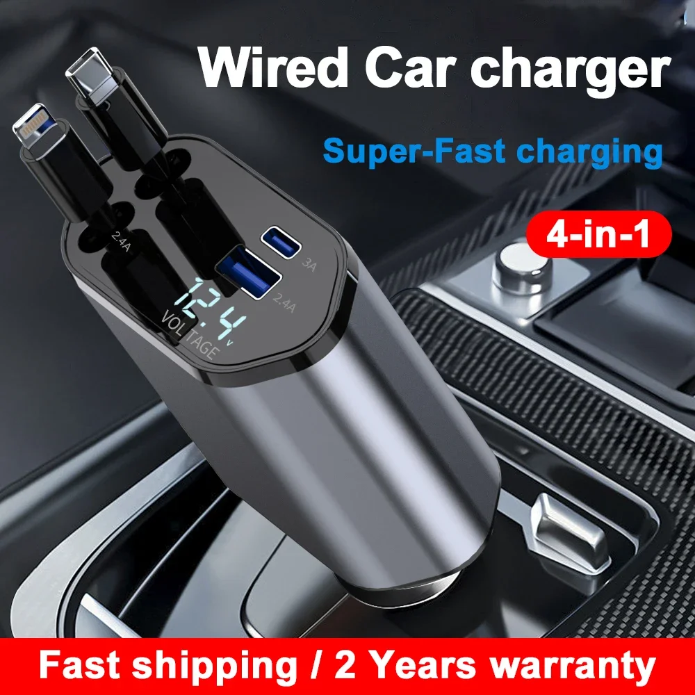 

Car Charger 120W Super Fast Charge Retractable Cable 4-in-1 Charging Adapter Mini Cigarette Lighter Car Charger for IP/Type-C