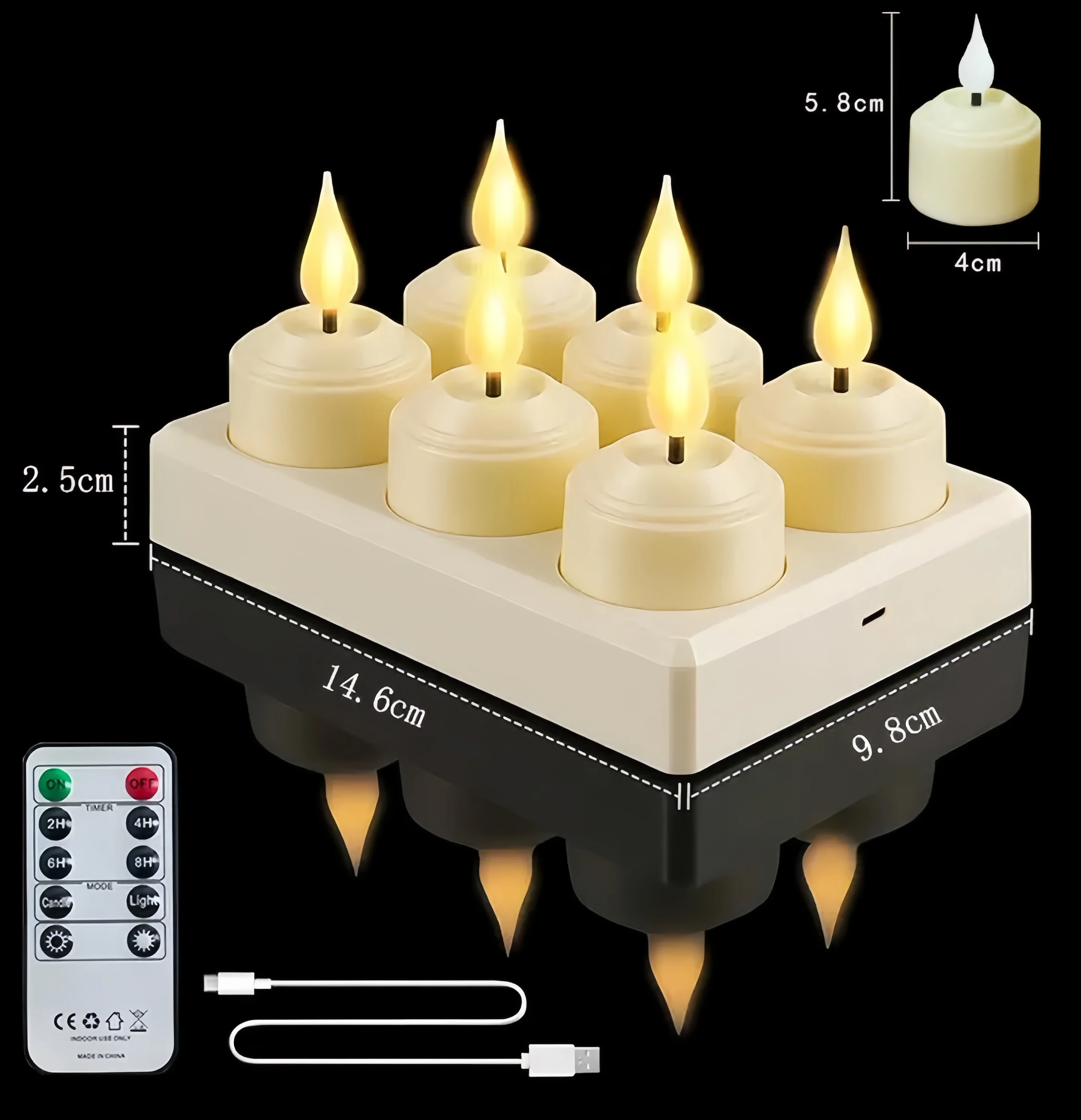 6pcs Flameless LED Tea Light Candle W/Charging Station 3D Wick Remote Controlled W/Timer Function Wedding Christmas Home Decor