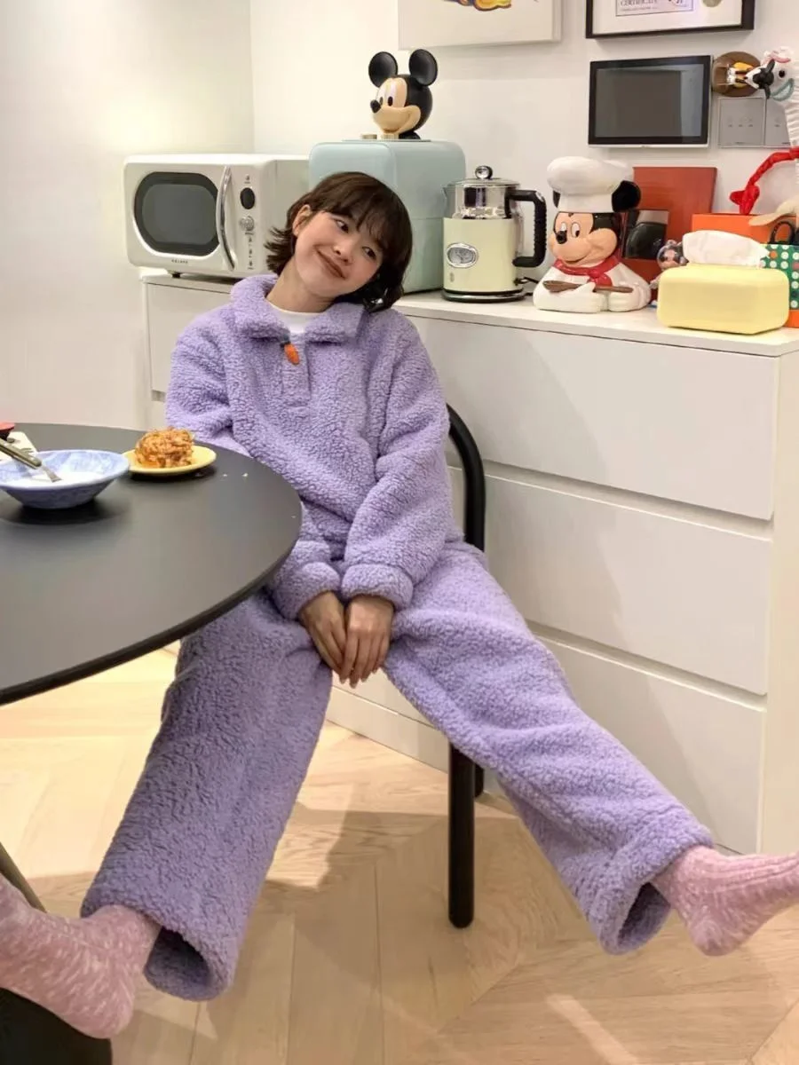 

Y2K Retro Spicy Girl Purple Coral Velvet Pajama Set Autumn and Winter Women's Thick and Velvet Comfortable Home Clothes set emo