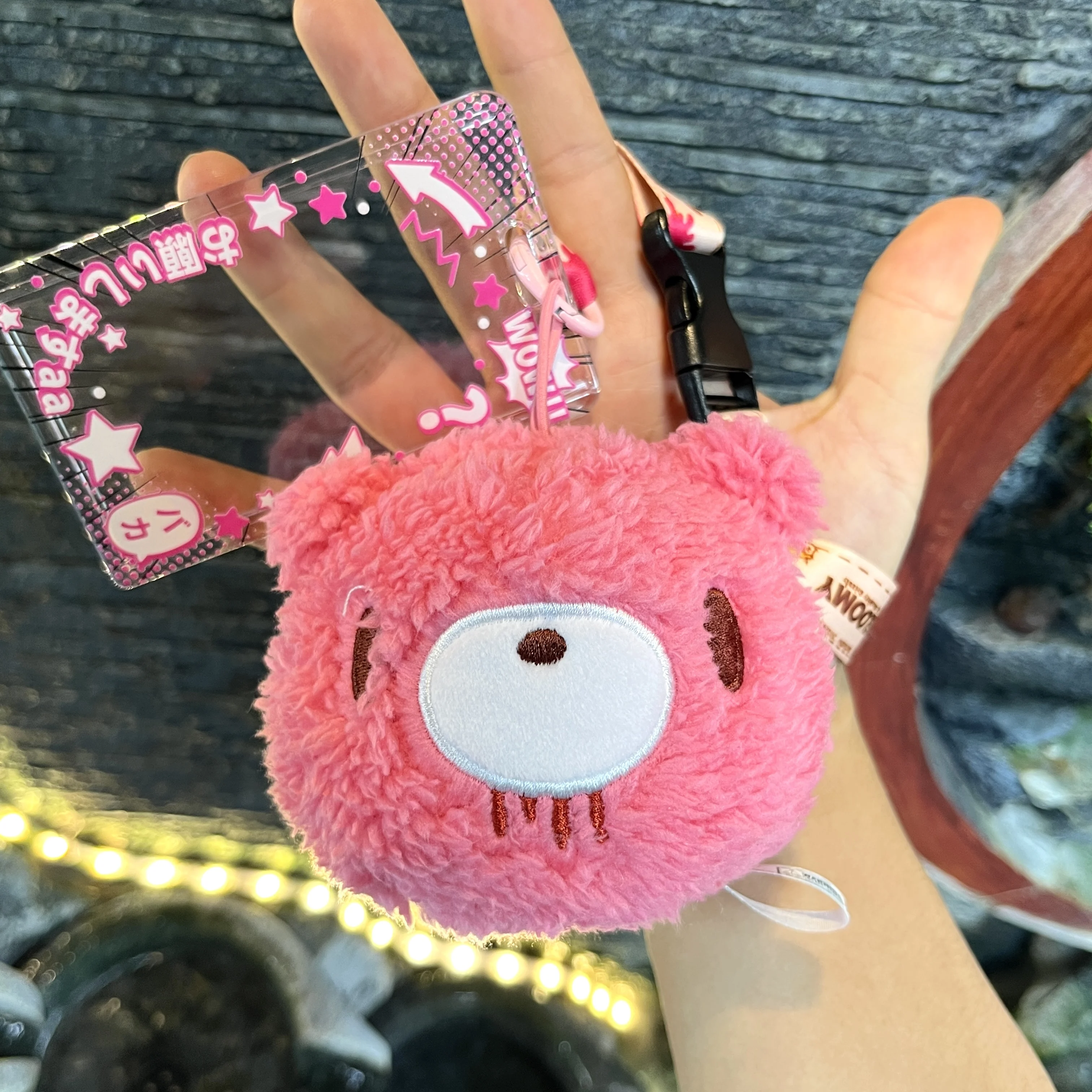 

Pink Bear Lanyard ID Card Holder Plush Charm Cute Dark Style Comic Pattern Accessory For School&Work