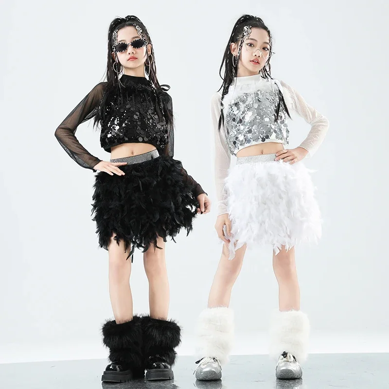 Girls K-pop Silver Sequins Mesh Crop Top Street Dance Skirt Kids Hip Hop Shiny Streetwear Children Jazz Girl Group Clothes Sets