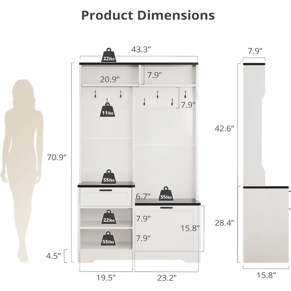 شجرة القاعة مع مساحة تخزين للأحذية، رف معطف خشبي منظم للمدخل مع 7 خطافات للباب الأمامي (كسب الخشب الأسود)
