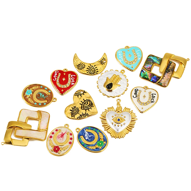 2pcs/lot Stainless Steel Enamel Moon Eye Palm Pendant Horseshoe Heart Charms for DIY Earring Necklace Jewelry Making Accessories
