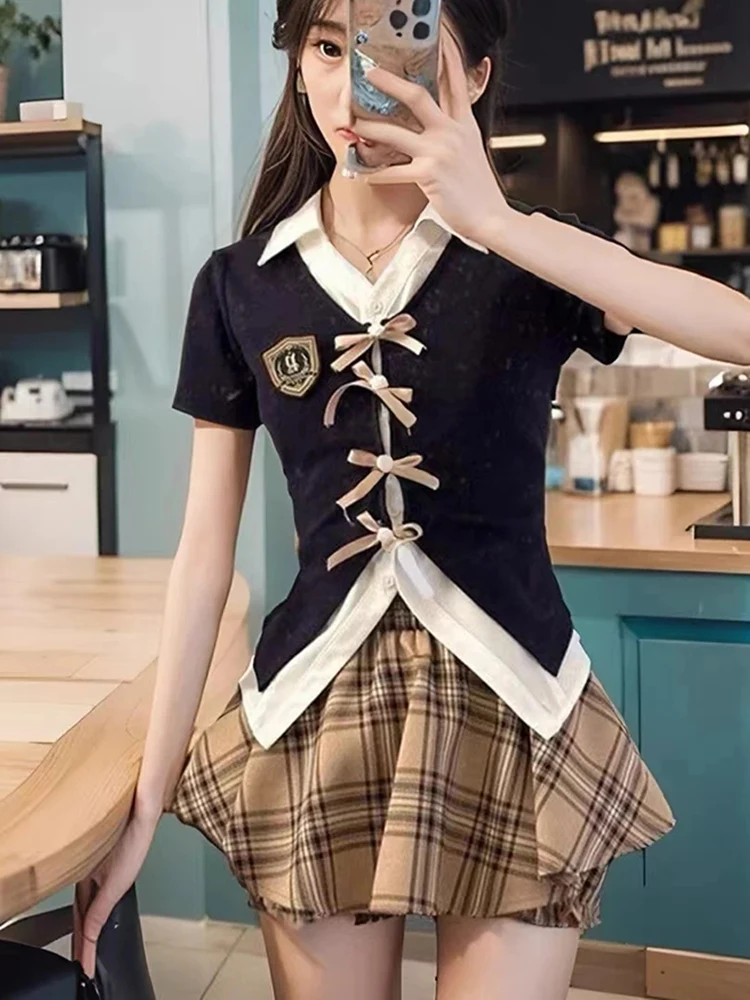 Retro Jk Set da due pezzi Estate Preppy Bow Spalline Top da donna American Hotsweet Vintage Plaid a pieghe Mini Cake Gonne Nuovo