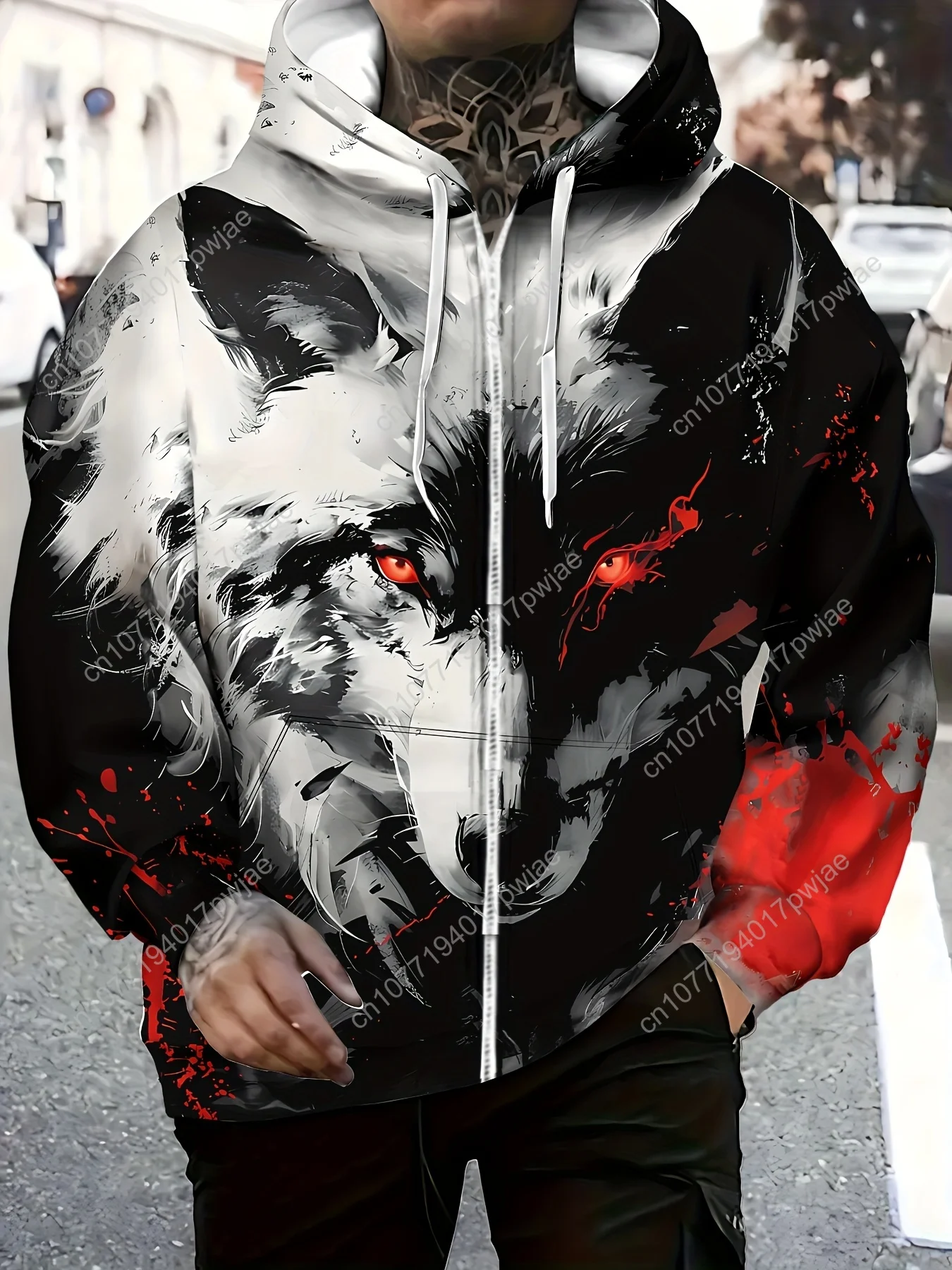 Giacca da uomo con cappuccio e zip intera - Grafica di lupo nero/rosso/bianco, cappuccio con coulisse e tasche laterali - Capispalla leggero per l'escursionismo,