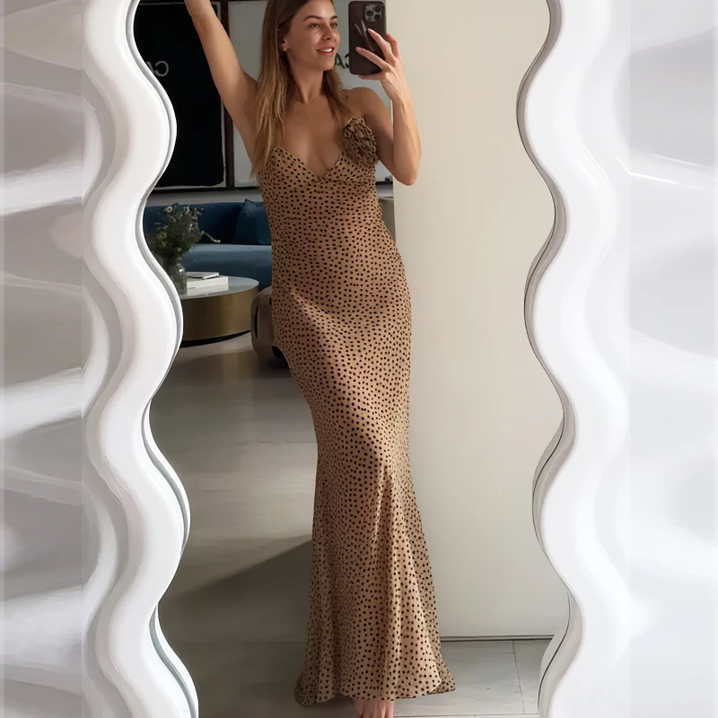 HXAO Floral Slip Womens Dresses Sleeveless Corset Long Party Dresses Polka Dot Backless Sexy Dress V Neck Beach Evening Dress