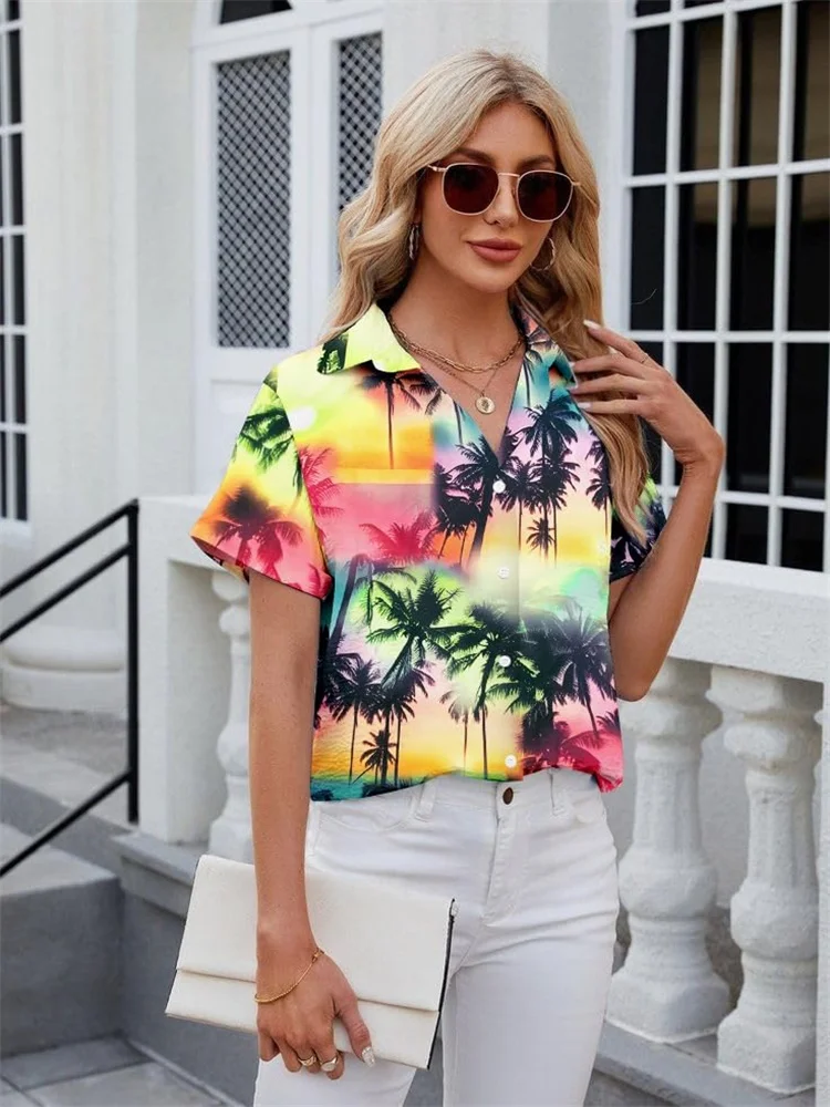 A nova camisa feminina de manga curta 2025 com estampas de pôr do sol e palmeira é uma férias de verão elegantes e casuais