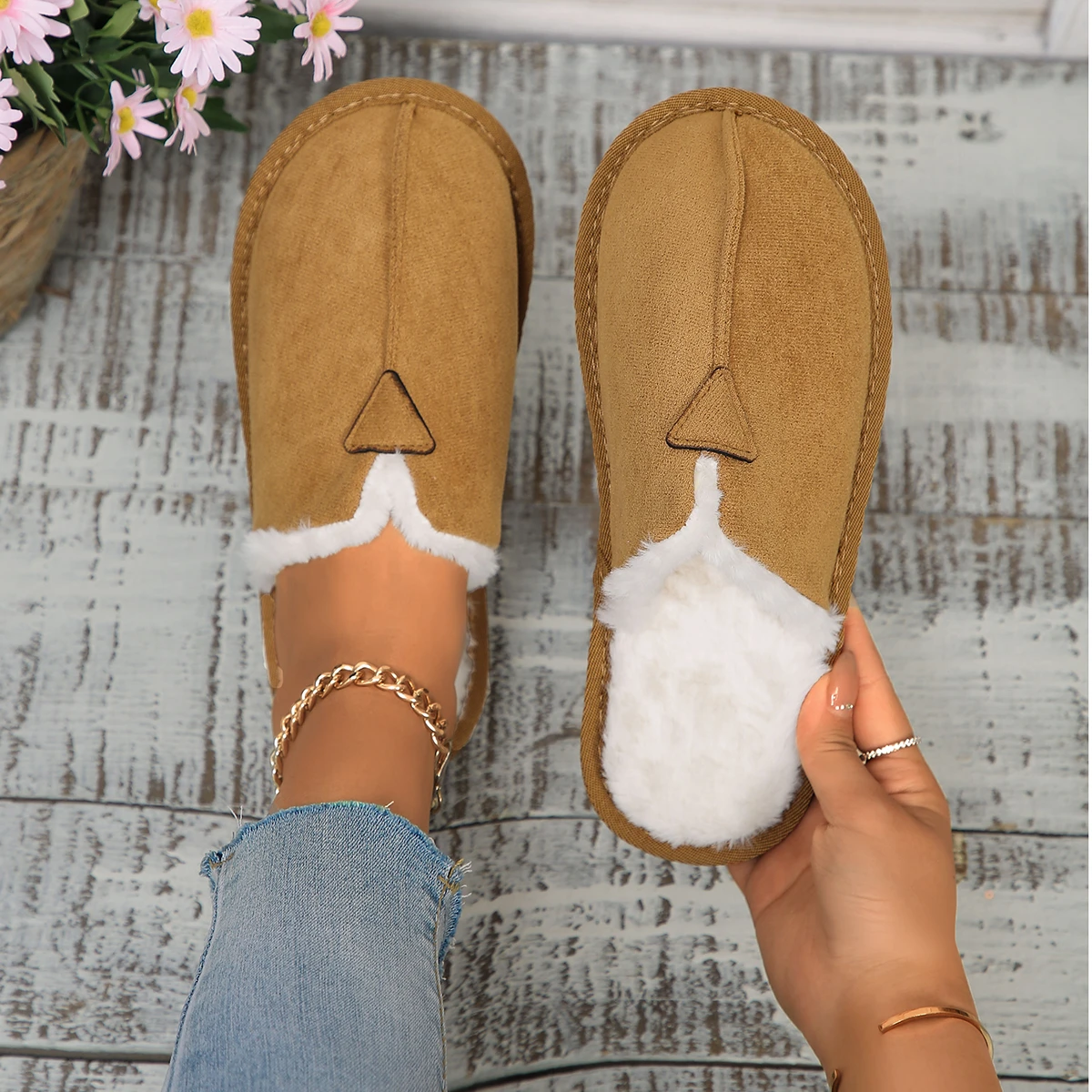 Women Warm Fur Cotton Slippers Flats Shoe Suede Winter Short Plush Luxury Fashion Casual Non-Slip Snow Boots Mujer Zapatos Mules