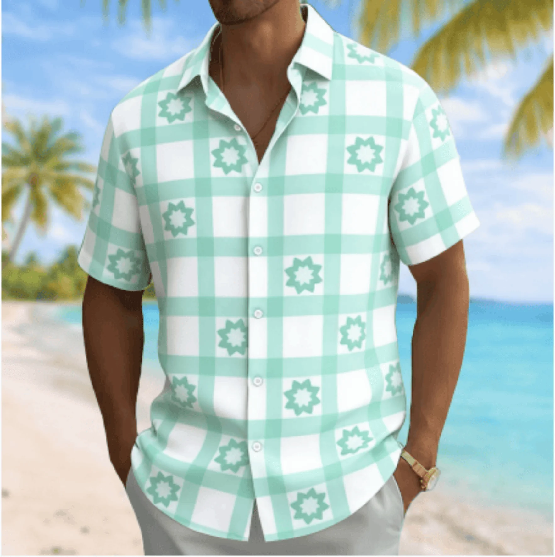 

Men's Plaid & Flower Print Short Sleeve Shirt, Spring Summer Casual Vacation Turn-Down Collar Blouse, Loose Fit Top