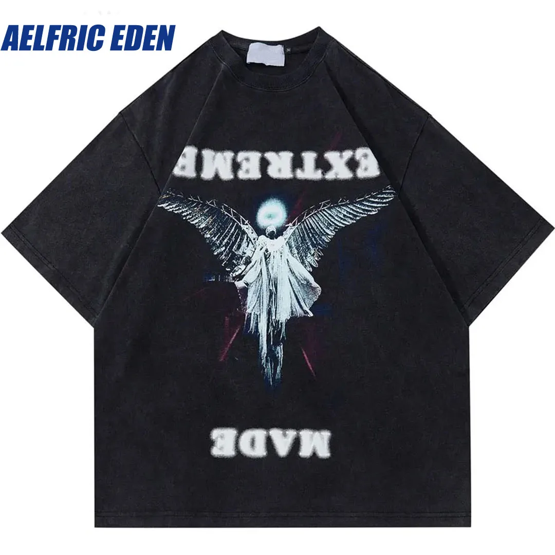 Aelfric Eden Harajuku Gothic Streetwear Punk Washed T Shirt Vintage Graphic Print Oversize Tshirt Casual Loose Tee Tops Shirts